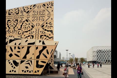 Overstimulating: the Expo site with Polish pavilion on left and French pavilion to right.